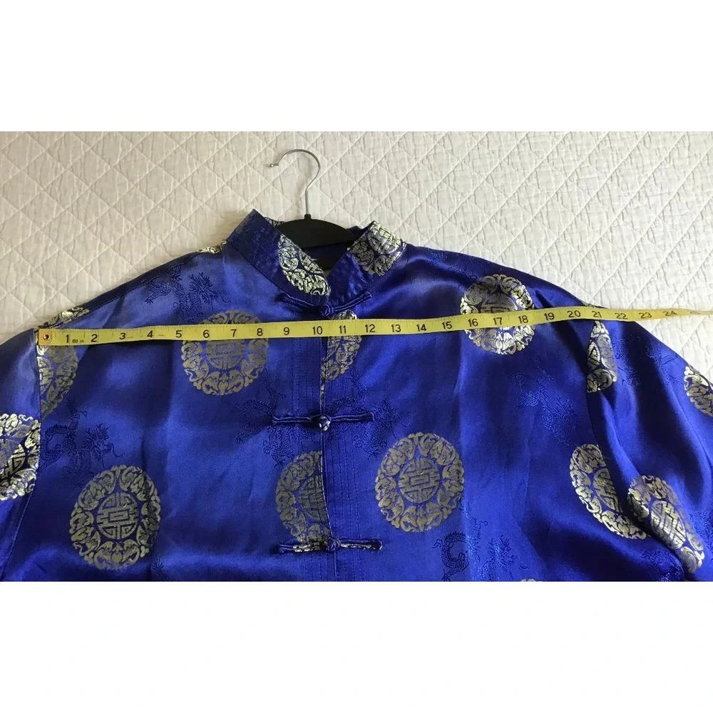 Mens Chinese Traditional Royal Blue Gold Silk Satin Tang‎ Suit Jacket Size XXL